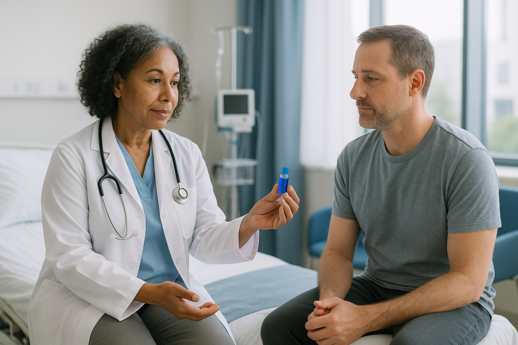 Doctor showing medication bottle to male patient in hospital: How does methylene blue work in the body?