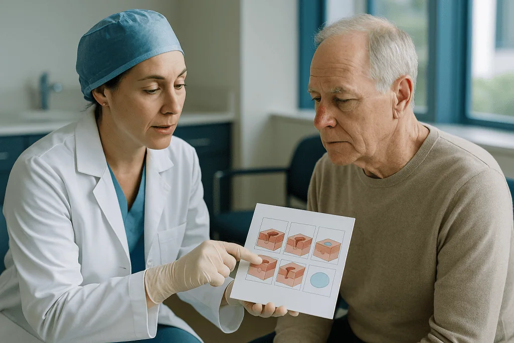 Doctor showing skin condition diagram to elderly patient: How does Mohs surgery actually work, step by step?