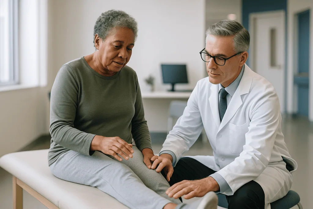 Doctor examining patient's knee during clinical consultation: How does moving a sore joint help instead of harm?