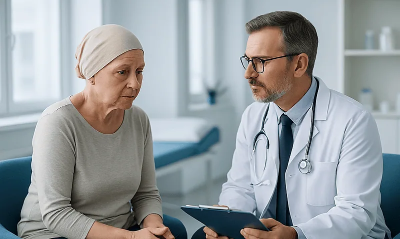 Doctor consulting with an elderly woman in a medical office.