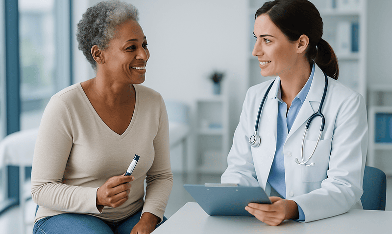 Doctor consulting with an elderly patient in a medical office.