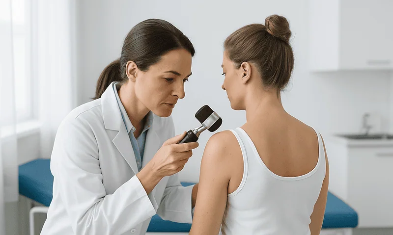 Dermatologist examining patient's skin with a dermatoscope in a clinical setting.