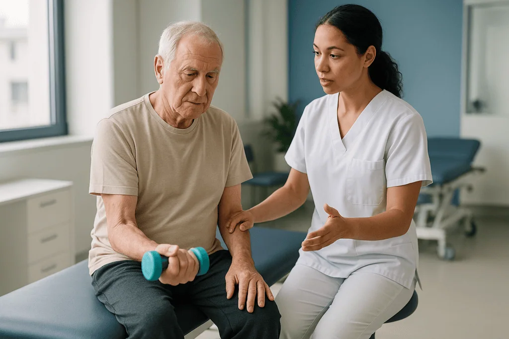 Healthcare provider guiding elderly patient arm exercises: How does physiotherapy work when the nerves themselves are failin