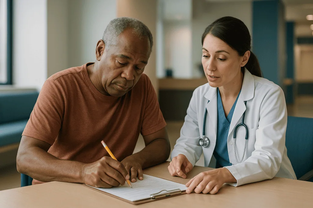 Doctor and patient reviewing medical documents at desk: How does practice at home actually change the brain?