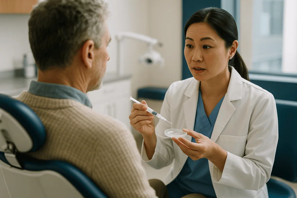 Doctor consulting patient with medical swab or test: How does professional teeth whitening work? The chemistry of the gel