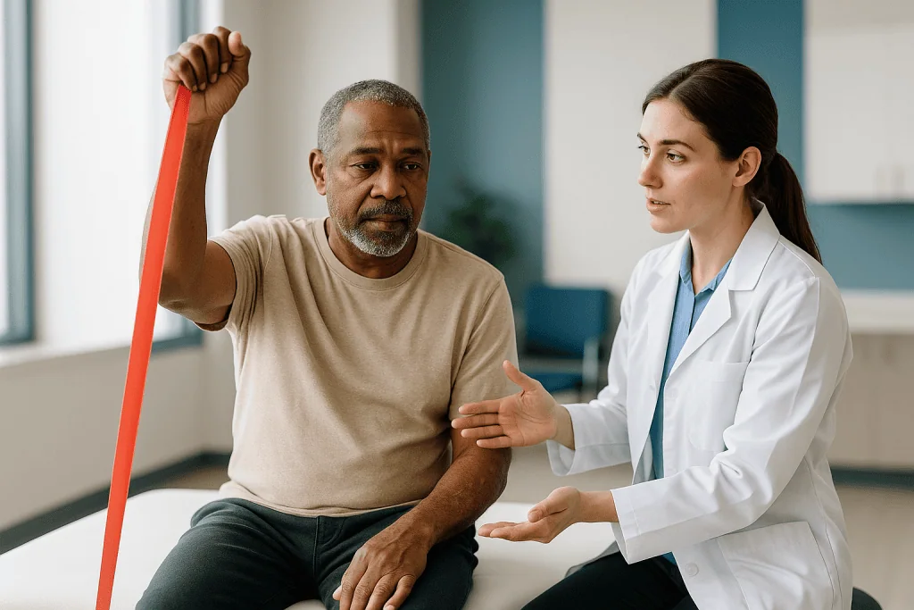 Physical therapist assessing patient arm with resistance band: How does psoriatic arthritis physical therapy actually work?