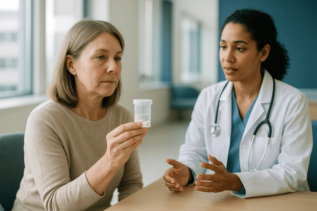Doctor consulting with middle-aged patient about medication: How does radioiodine treatment actually work?