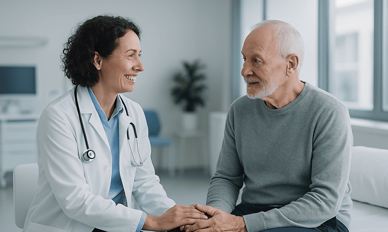 Doctor and patient having a comforting conversation in a hospital room.