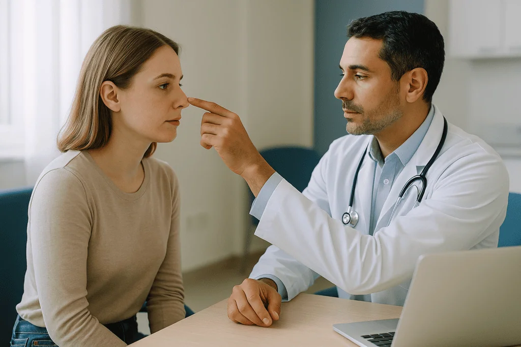 Doctor examining patient's nose during consultation: How does revision rhinoplasty actually work, and why is it different fr