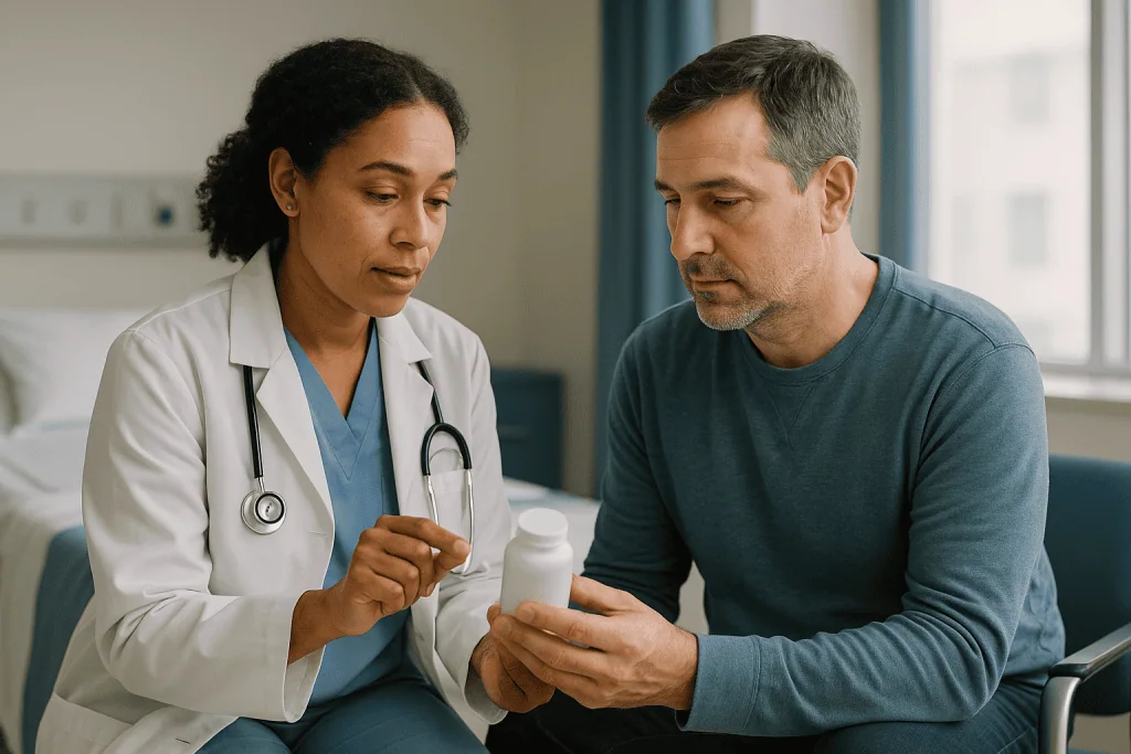 Doctor showing medication bottle to male patient in consultation: How does rheumatic fever secondary prophylaxis work?