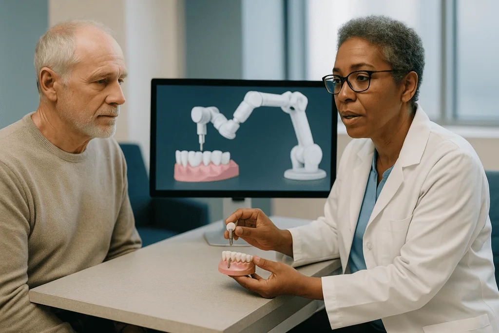 Dentist consulting patient about dental implant procedure: How does robot-assisted implant placement work, step by step?