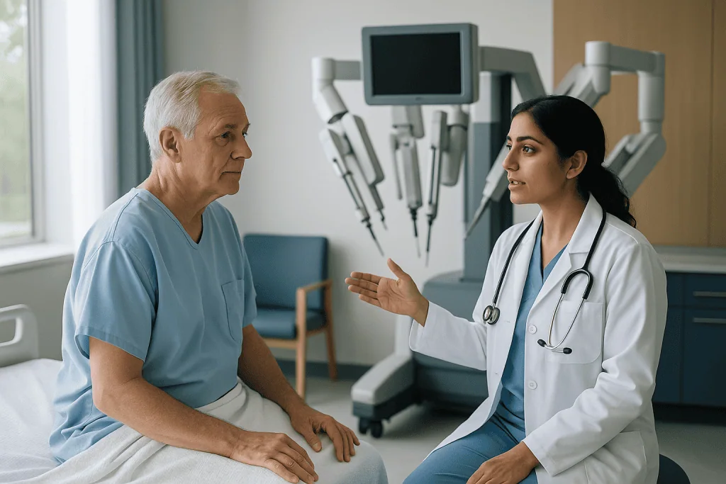 Doctor consulting with elderly male patient in clinical setting: How does robotic heart surgery actually work?