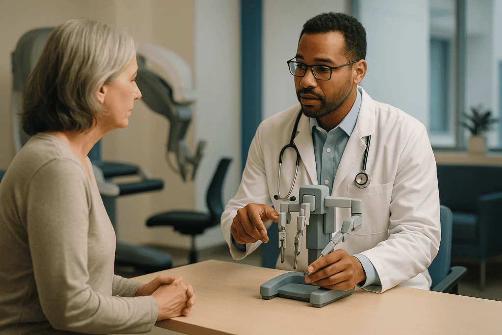 Doctor consulting patient with examination model: How does robotic thyroid surgery actually work?