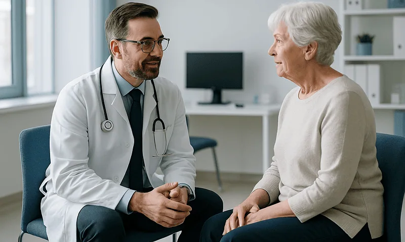 Doctor consulting with elderly woman in a medical office.