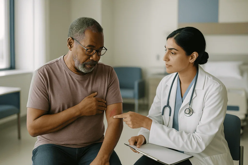 Doctor examining patient's arm skin condition: How does shingles pain work? What is actually happening in the nerve