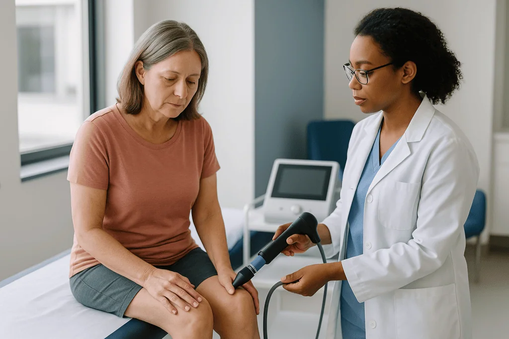 Doctor performing ultrasound examination on patient knee: How does shockwave therapy work?