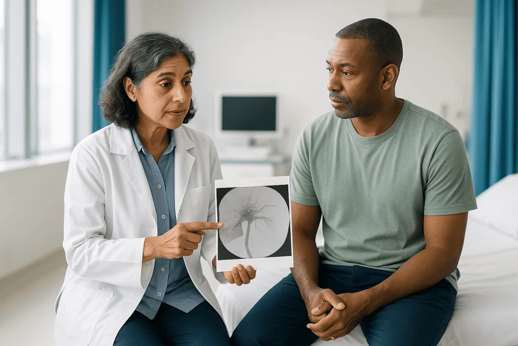Doctor consulting patient with medical imaging scan: How does TACE actually work, step by step?