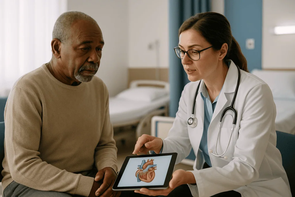 Doctor consulting patient about heart condition using tablet: How does TAVI actually work?