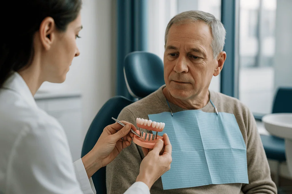 Dentist consulting senior patient about dental implant model: How does the all on 6 procedure actually work, step by step?