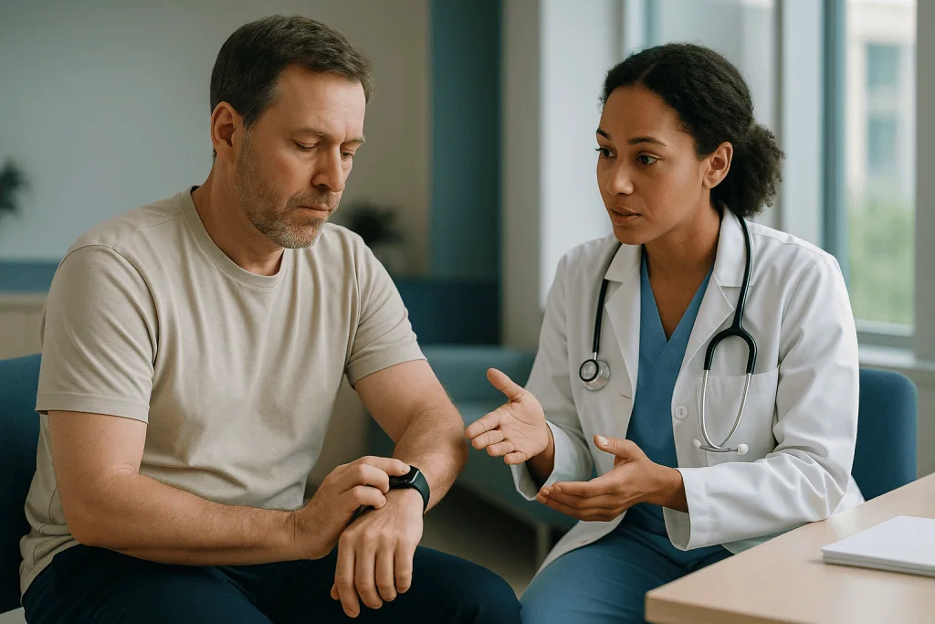 Doctor consulting with male patient about wearable device: How does the Apple Watch detect breathing disturbances while you 