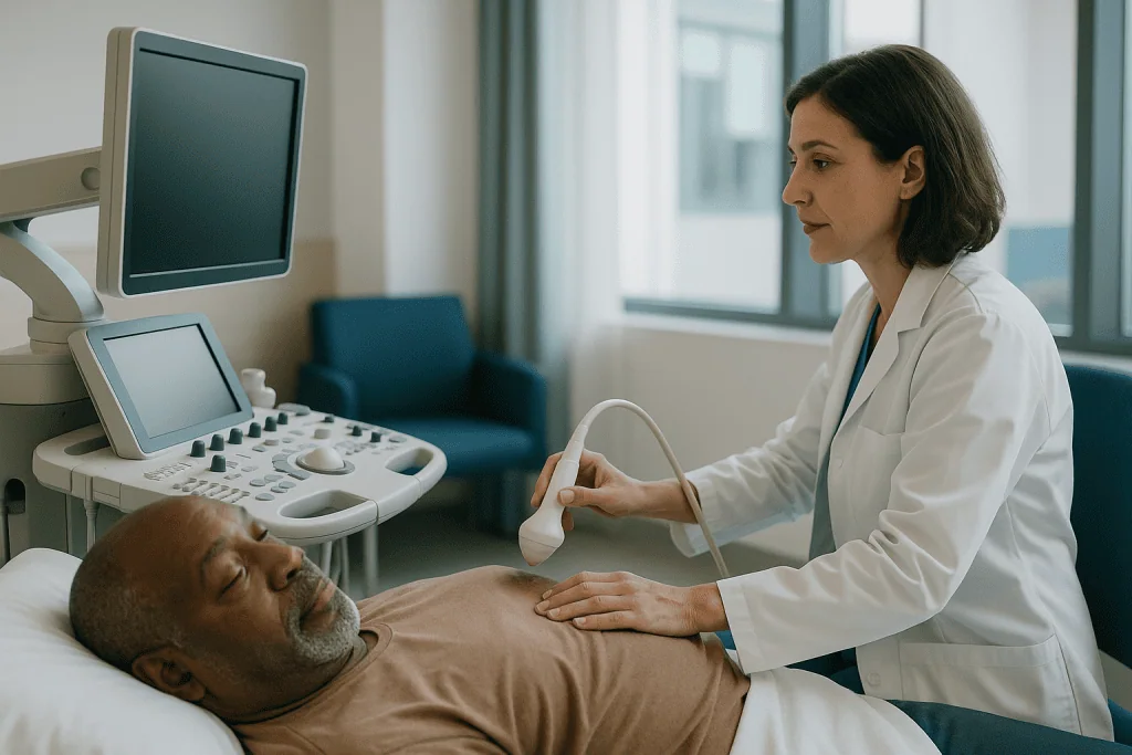 Female cardiologist performing echocardiogram on male patient: How does the echocardiogram work, step by step?