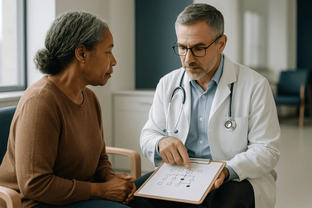 Doctor consulting patient with diagram on clipboard: How does the Huntington's disease inheritance pattern work?
