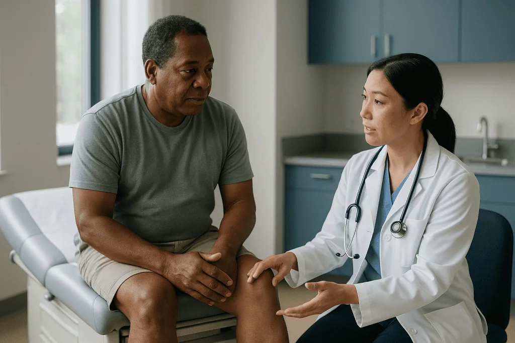Doctor examining patient's knee during consultation: How does the operation actually work inside the leg?