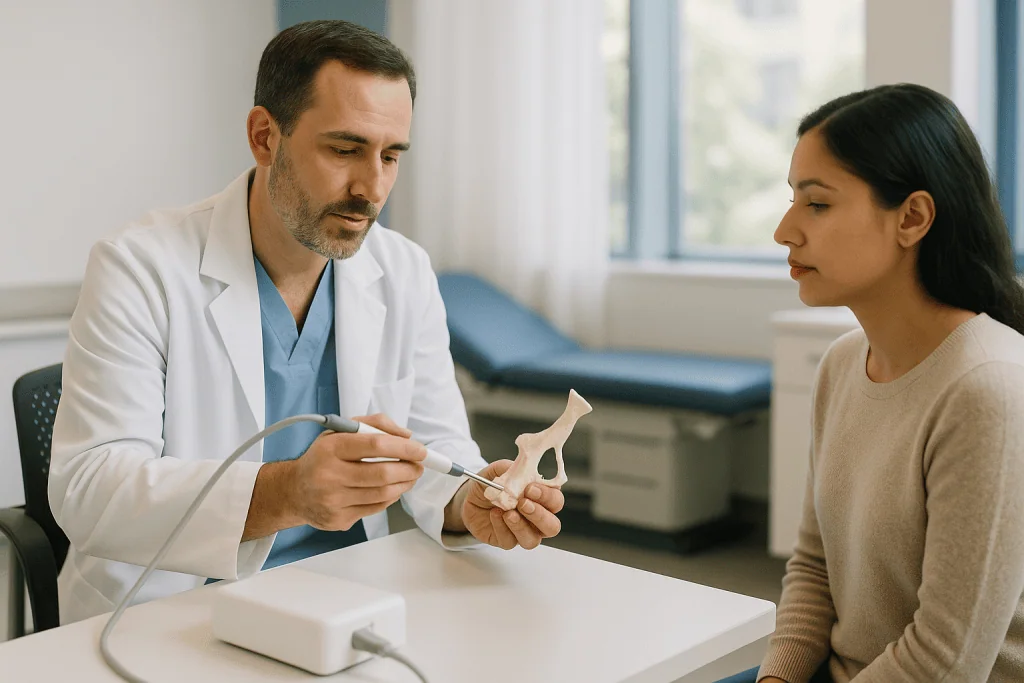 Doctor consulting patient with bone model in clinic — How does the piezo instrument actually cut bone?