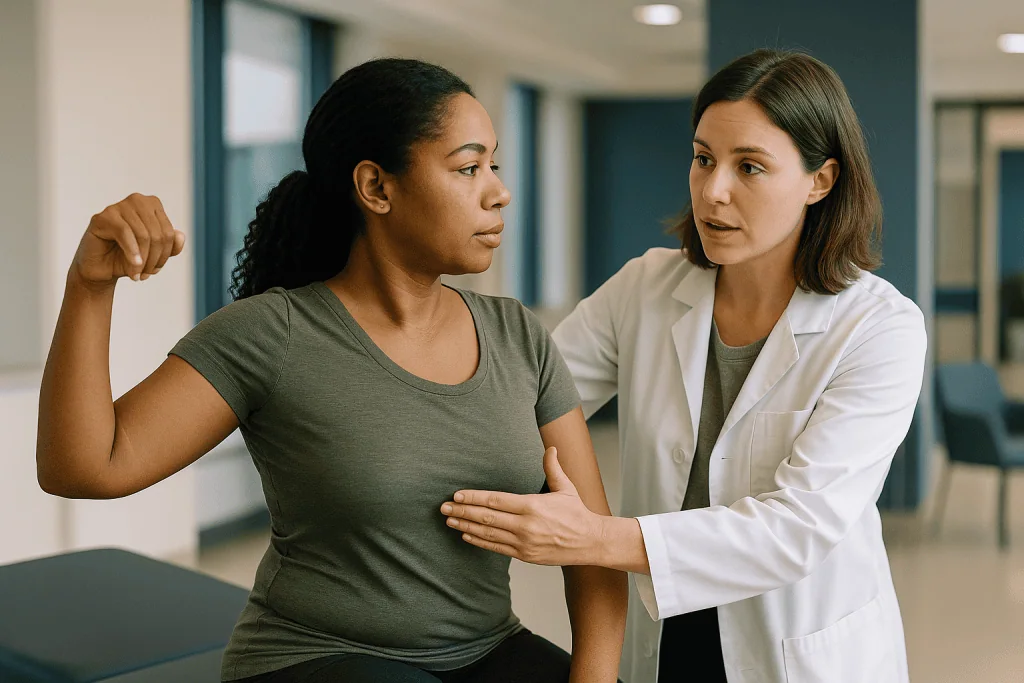 Doctor examining patient's arm and shoulder in clinic: How does the Schroth method actually work?