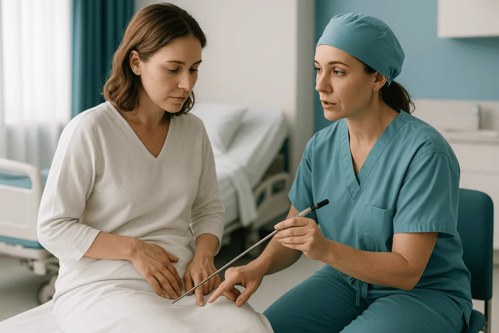 Healthcare provider consulting with patient in hospital room: How does the surgeon actually reach the ovary? The step-by-ste
