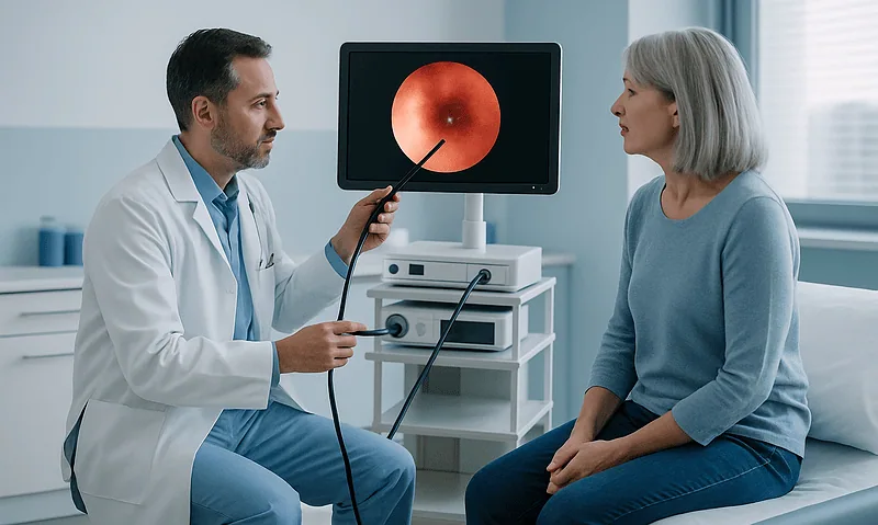 Doctor explains gastric endoscopy to a patient using a monitor and endoscope.
