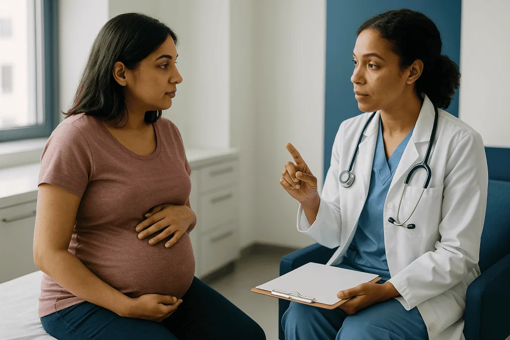 Pregnant woman consulting with female doctor in clinical setting: How does the team actually decide when to deliver?