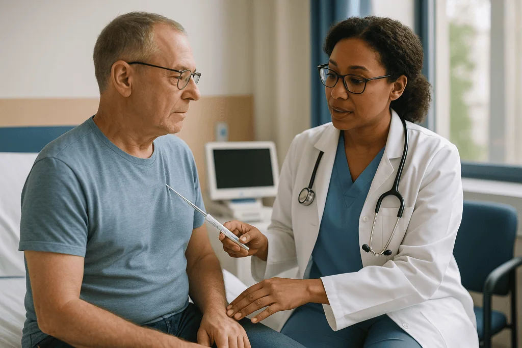 Doctor consulting with male patient in clinical setting: How does the team check for rejection, and how long after heart tra