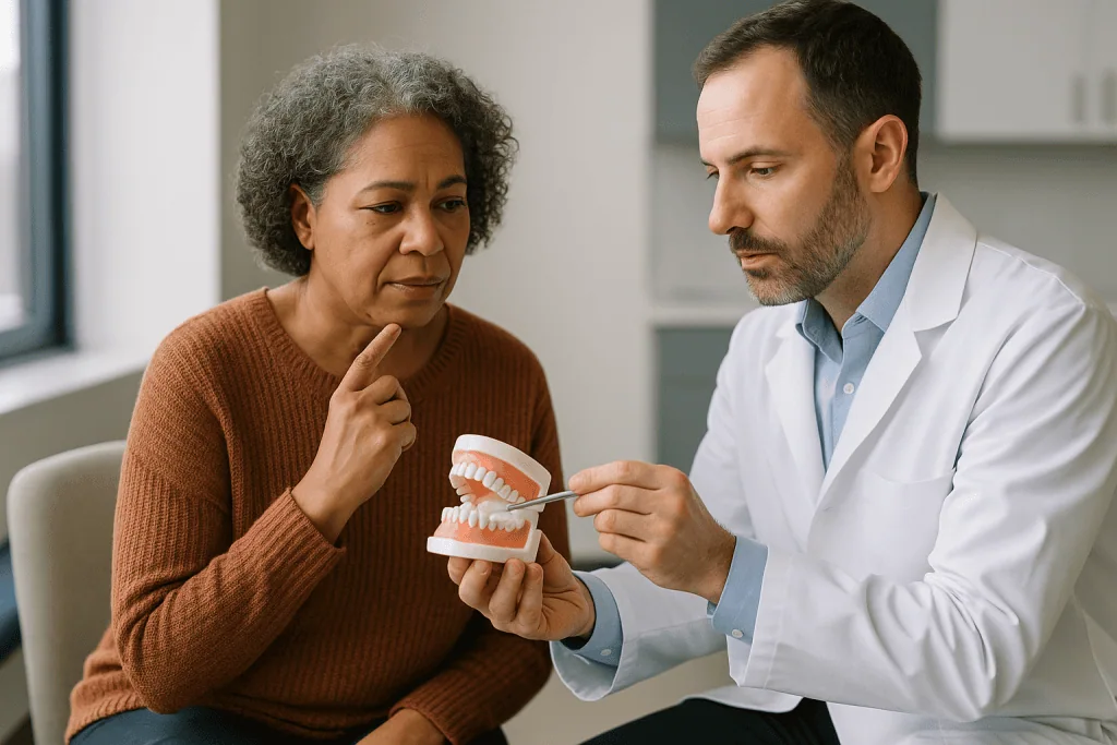 Dentist explaining dental model to mature female patient: How does the tooth's position decide the approach?