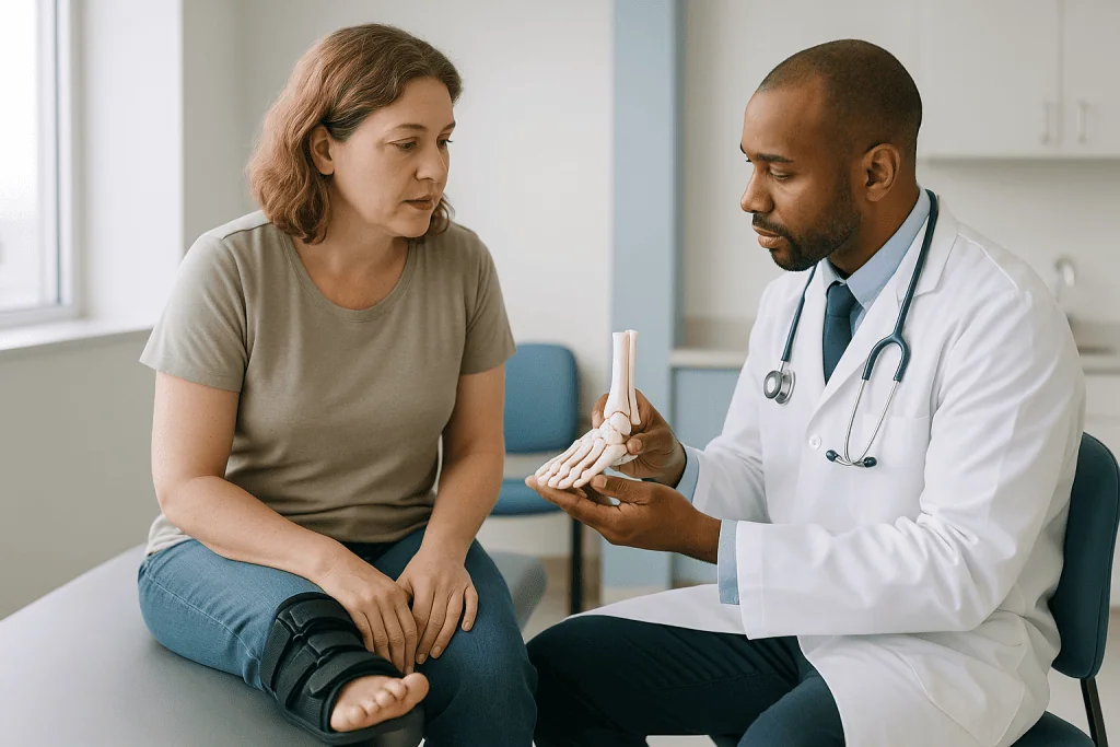 Doctor consulting patient about foot injury with model: How does toe shortening surgery work?