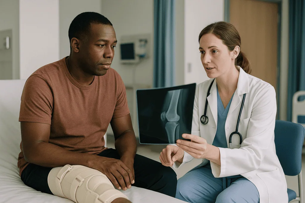 Doctor consulting patient about X-ray imaging results: How does trauma reconstruction work, step by step?