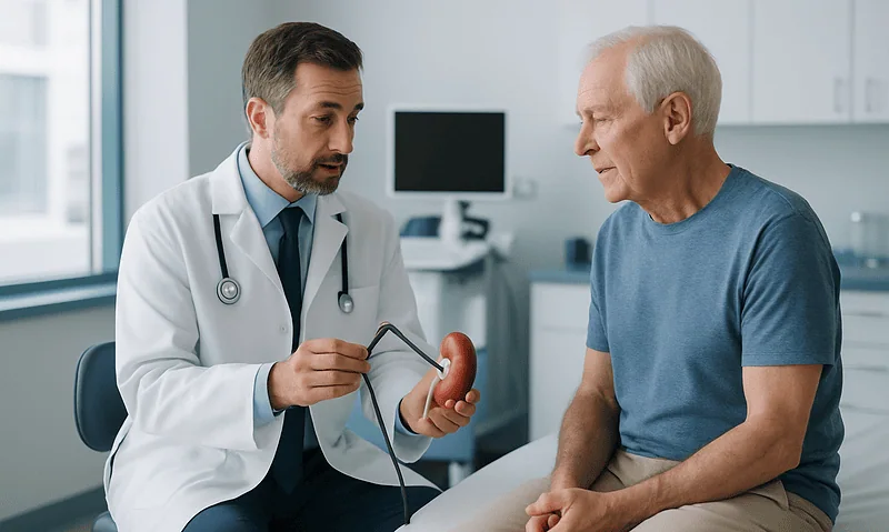 Urologist explaining kidney stone removal to patient in clinic.