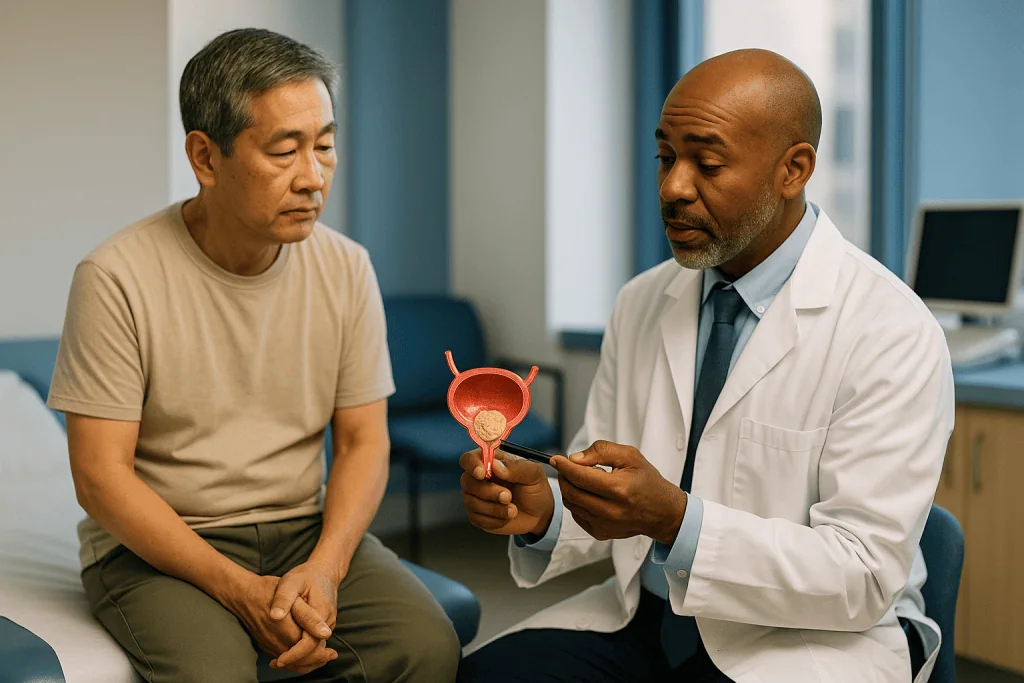 Doctor explaining bladder anatomy model to male patient — How does urine turn into a stone?