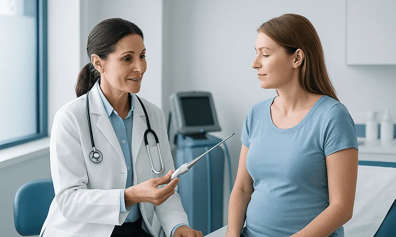 Doctor explaining Vaser Liposuction procedure to patient in clinic.