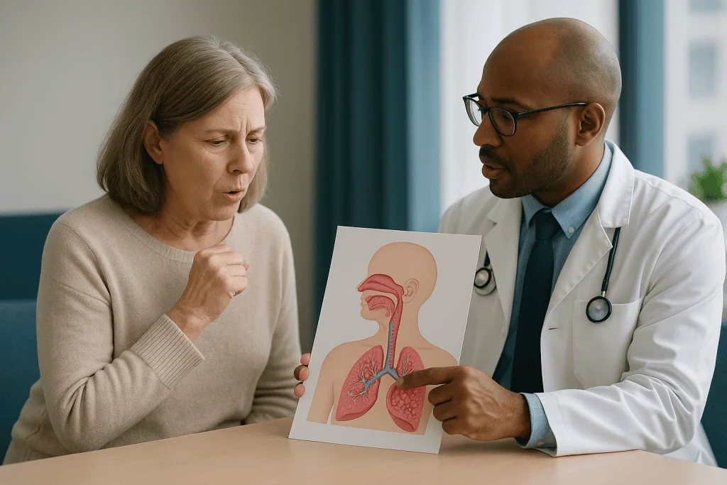 Doctor explaining respiratory anatomy diagram to adult patient: How does whooping cough actually work inside the airway?