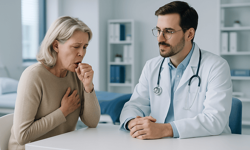 Doctor examining elderly woman with cough in hospital setting.