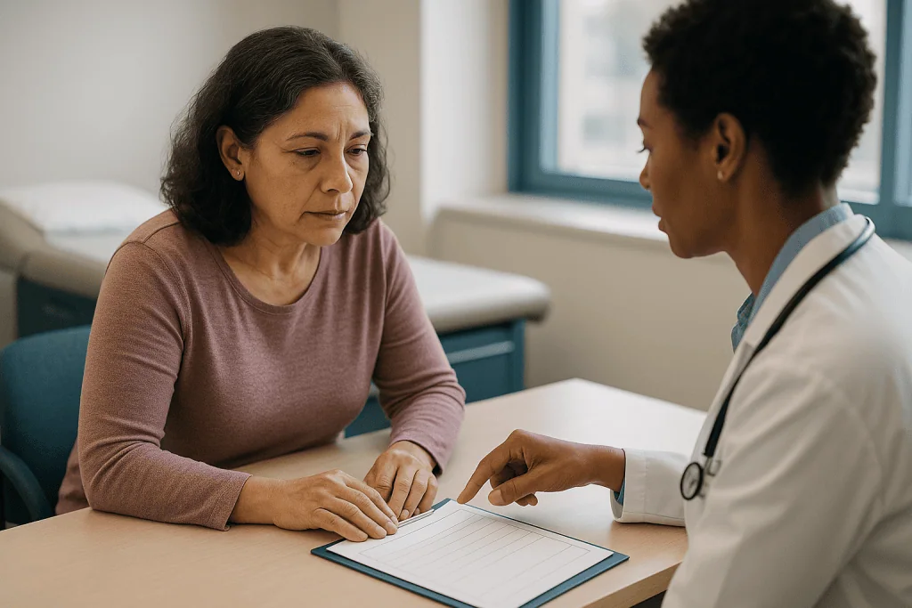 Doctor and patient reviewing document at desk consultation: How does your doctor build an asthma action plan with you?