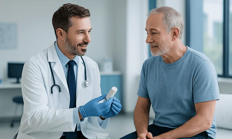 Doctor explaining bone graft procedure to patient in clinic setting.