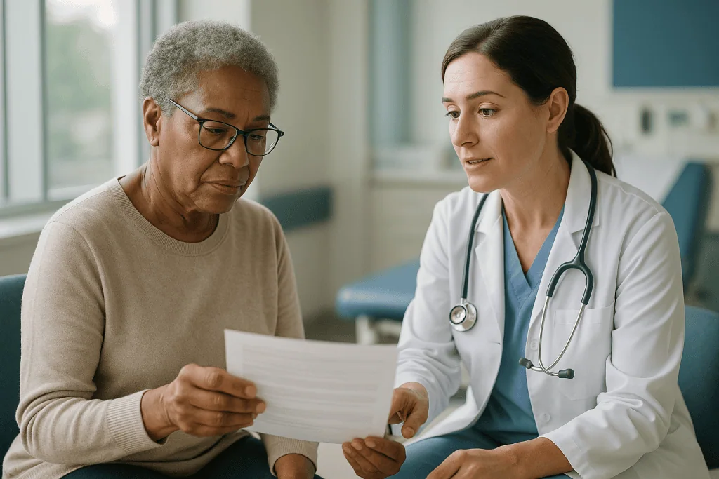 Doctor consulting with patient over medical document: How donors are screened before any bone is accepted