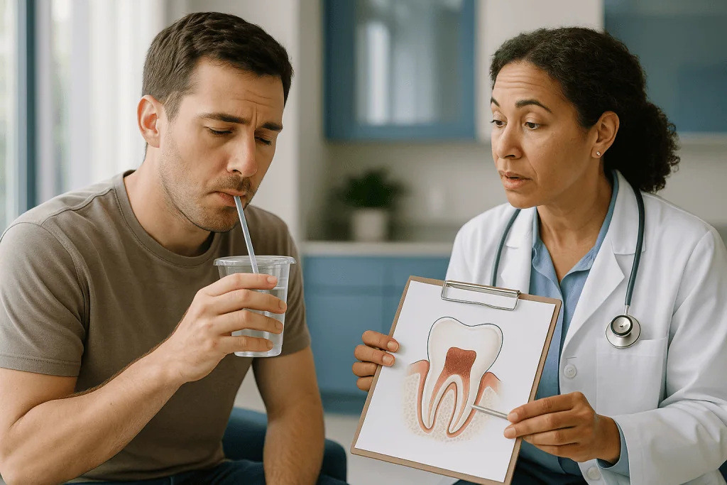 Doctor showing tooth diagram to male patient drinking water: How dry socket happens: the clot, the bone, and the first three