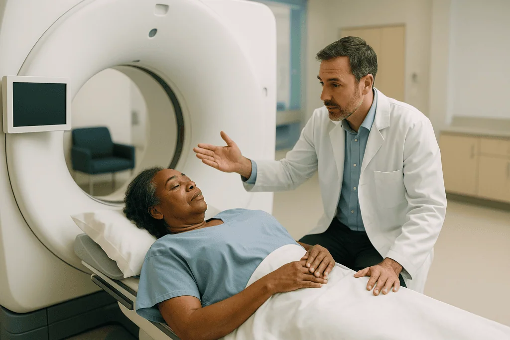 Doctor explaining CT/MRI scan to patient at imaging equipment: How each aneurysm scan actually works, in plain language