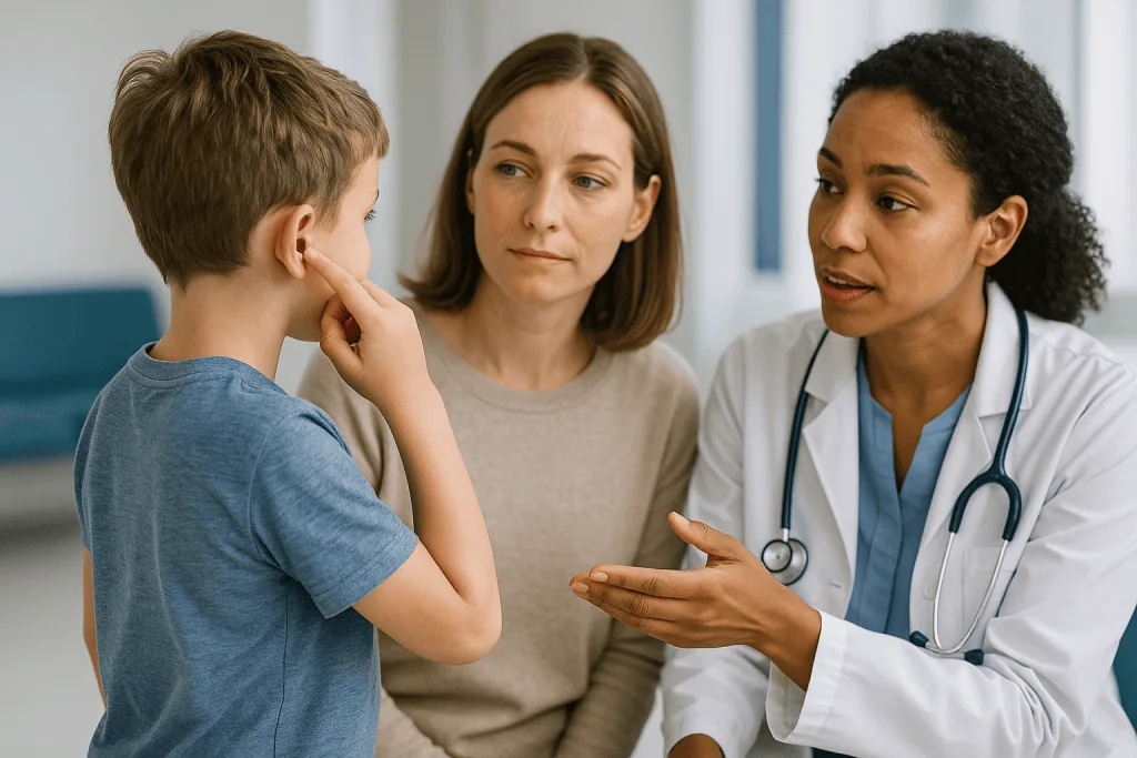 Doctor consulting with child and mother about ear condition: How ear growth sets the otoplasty age window