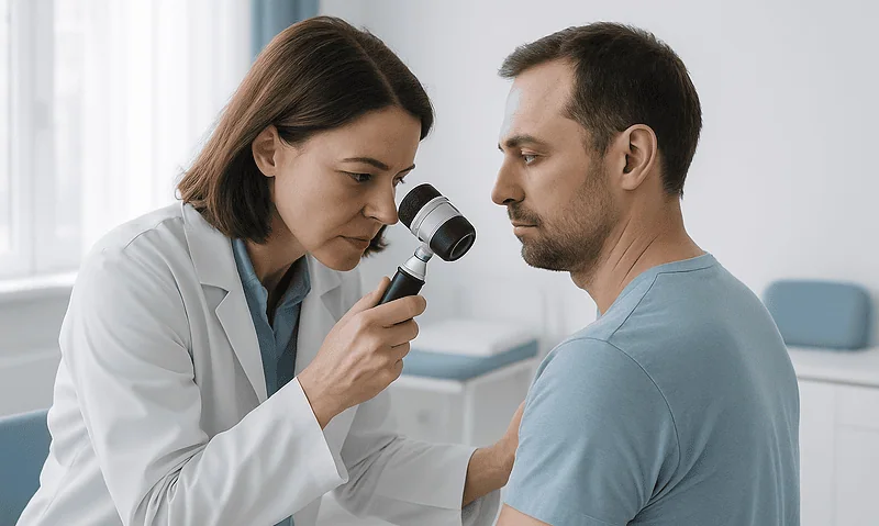 Doctor examining patient's ear with a magnifying instrument in a clinical setting.