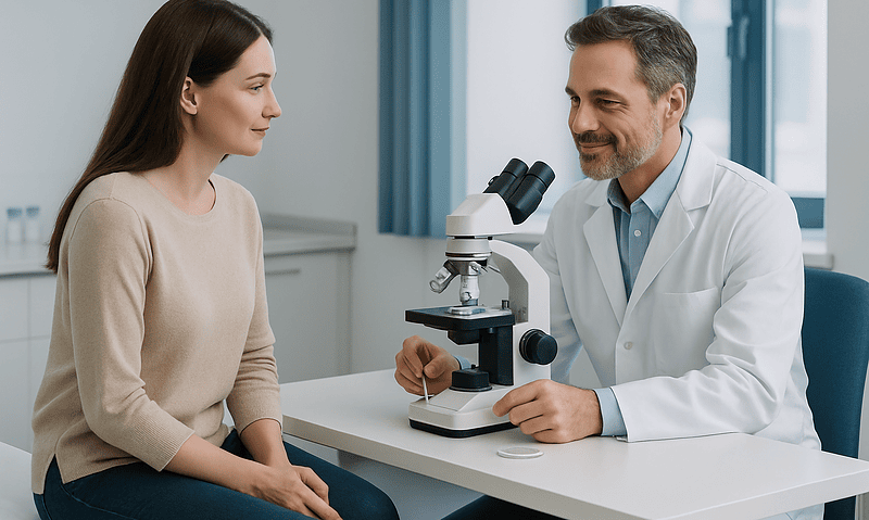 Fertility specialist explains embryo biopsy process to patient in clinic.