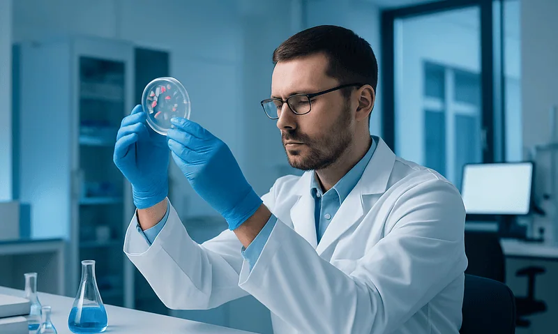 Research scientist examining a petri dish in a laboratory setting.